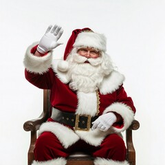 Obraz premium Santa Claus sitting in a chair and waving his hand, isolated on white