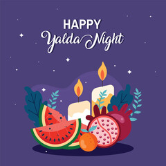 Happy Yalda Night Vector Illustration of an Iranian Festival, featuring a Watermelon Slice, Pomegranate, Candles, and Lemon in a Flat Background