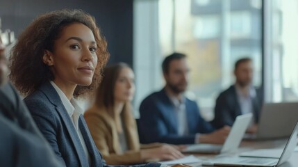 Fototapeta premium A diverse group of professionals engaged in a meeting, with one woman looking at the camera.