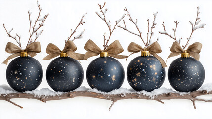 Christmas space themed balls with golden bows on white background 