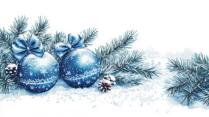 Christmas tree branches with blue ornamental balls, illustration on white background
