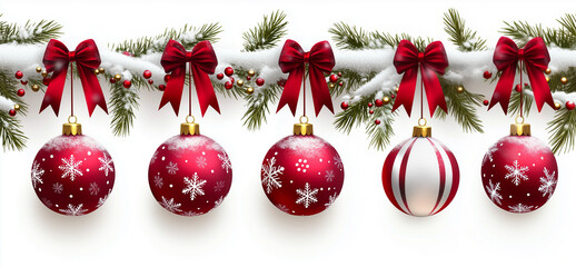 Christmas tree branches garland with ornaments, on white background