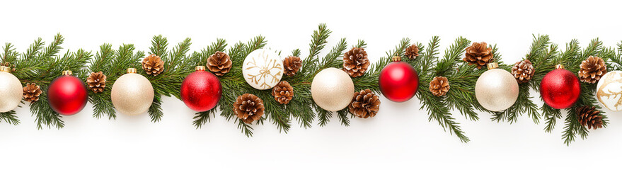 Christmas tree branches garland with ornaments, on white background