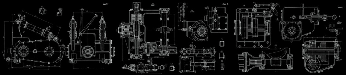 Technical drawing with set of mechanical parts of bulldozer,
tracked (crawler) earthmoving machine, excavator, tractor.
Engineering technology design. Industrial scheme
of machine building industry.
