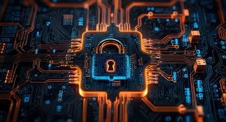 Fototapeta premium Glowing Orange Lock on Futuristic Circuit Board Representing Cybersecurity, Data Protection, and Encryption in a High-Tech Digital Environment with Neon Blue and Orange Elements