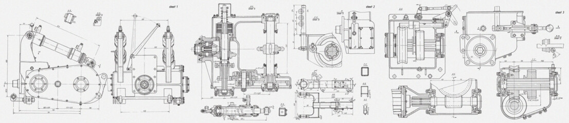 Technical drawing with set of mechanical parts of bulldozer,
tracked (crawler) earthmoving machine, excavator, tractor.
Engineering technology design. Industrial cad 
scheme on white paper sheet. 