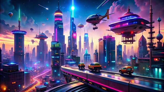 Futuristic raypunk cityscape with neon lights, flying vehicles, and retro-futuristic architecture