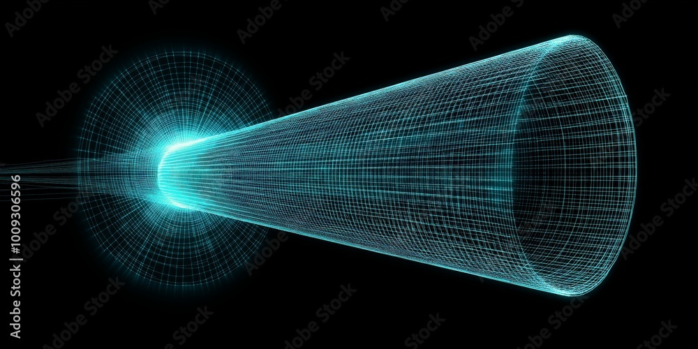 Aufkleber Digital wireframe tunnel glowing with blue light, representing futuristic technology, data flow, and virtual space connections in an abstract 3D visualization, Generative AI
