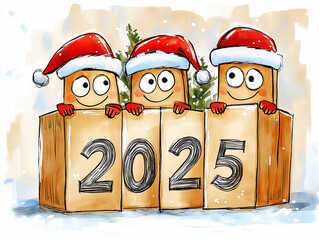 Cute happy characters smiling and holding 2025, Happy New Year illustration.