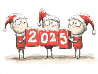 Cute happy characters smiling and holding 2025, Happy New Year illustration.