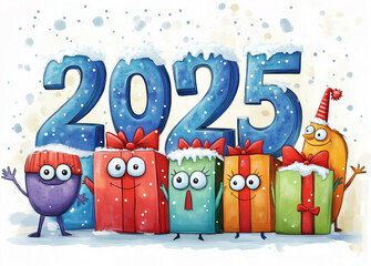 Funny looking anthropomorphic characters and 2025 new year, creative illustration 