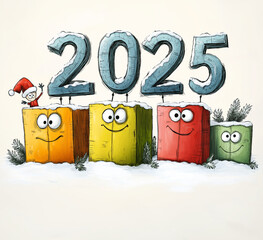 Funny looking anthropomorphic characters and 2025 new year, creative illustration 