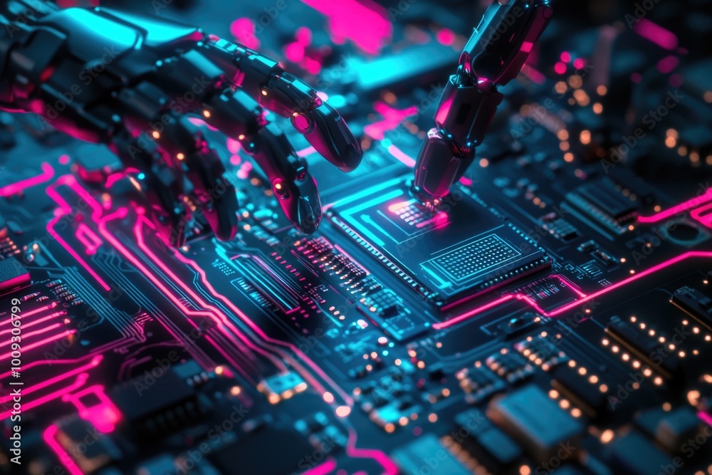 Poster a close-up shot of a person's hand touching a circuit board, useful for tech-related illustrations a