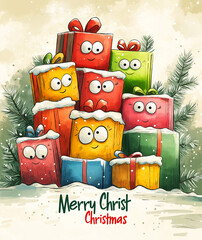 Funny anthropomorphic gift boxes characters with faces Merry Christmas text, creative illustration 