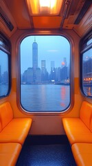 Fototapeta premium A wide-angle shot of an empty train car, with soft muted lighting illuminating the interior, and the city skyline visible through the distant windows 