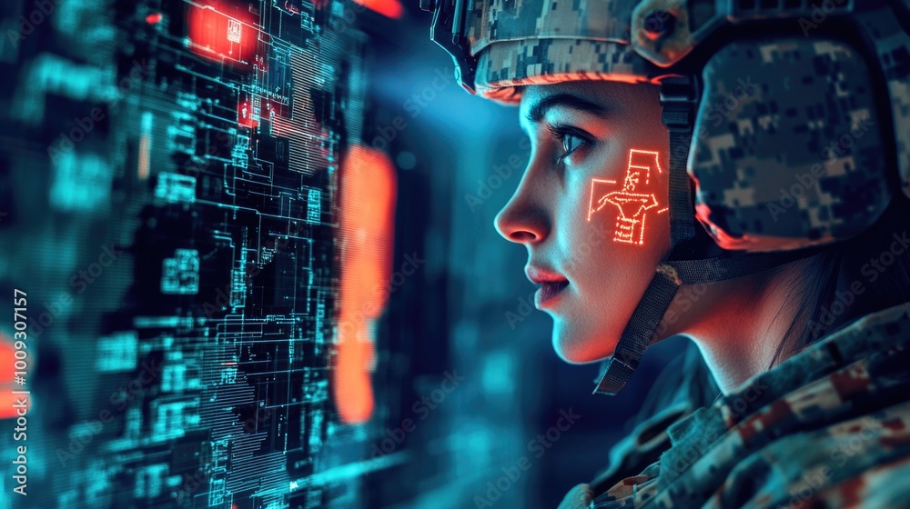 Poster a woman in a military uniform is focused on a computer screen, possibly checking emails or monitorin