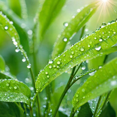 A close-up view of water droplets on green leaves or plant stems, creating a beautiful, blurred, and ethereal appearance. Green leaf in nature, in the forest
