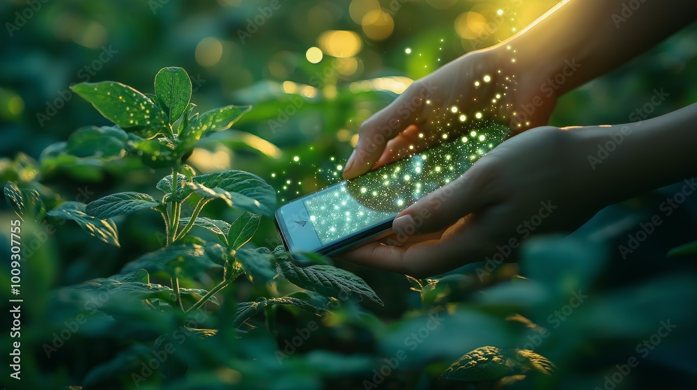 Poster hands holding a smartphone with magical glowing sparks, highlighting the fusion of nature and techno