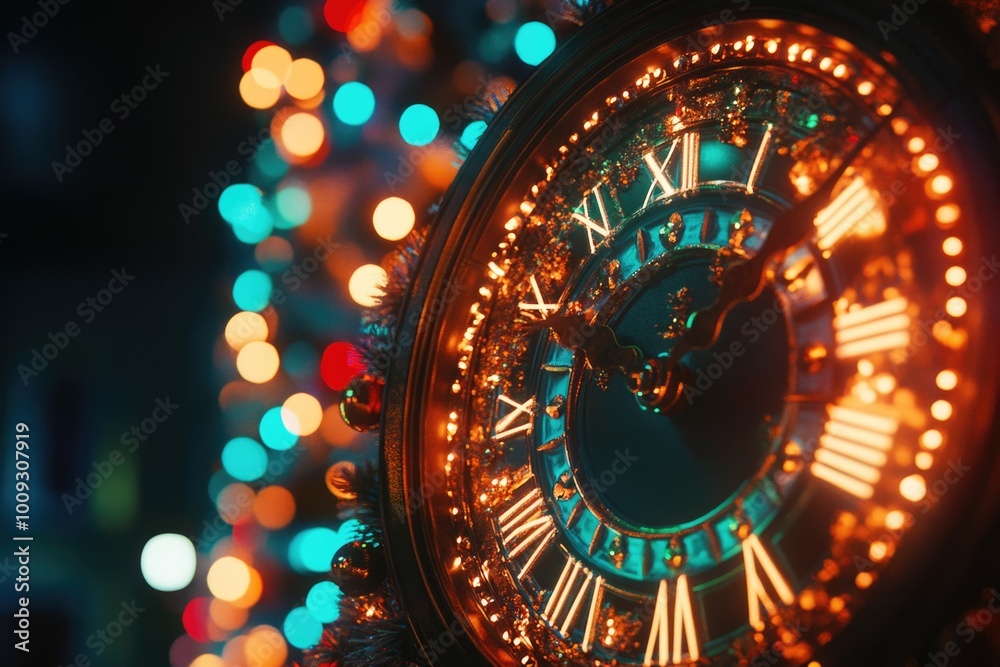 Aufkleber A detailed view of a clock face with colorful lights shining in the background
