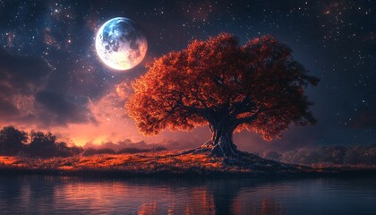 A Fantastical Landscape with Moonlight Distant Mountains