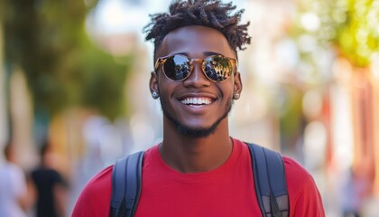 Fototapeta premium Smiling Cool Gen Z Black Hips Young Man with Backpack Outdoors