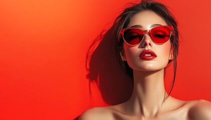 Elegant Woman with Red Sunglasses Bright Red Lips Posing