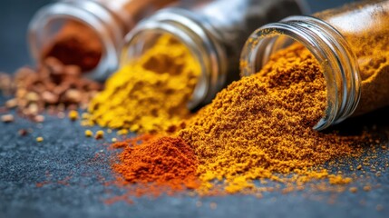 A close-up of spilled spices in jars showcasing vibrant colors and textures. © PICK YOUR POV