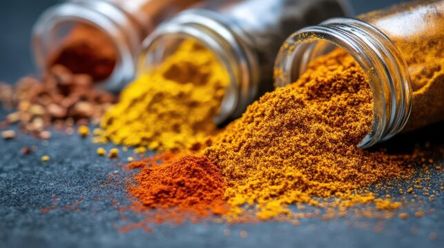 A close-up of spilled spices in jars showcasing vibrant colors and textures.