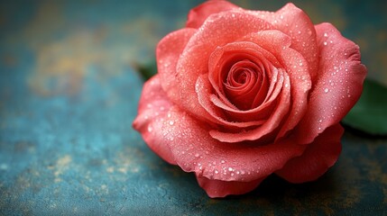 Dewy Pink Rose on Blue Background