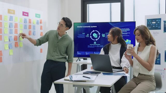 brainstorming session, using sticky notes on a task board (kanban) to organize ideas and workflow in a modern office