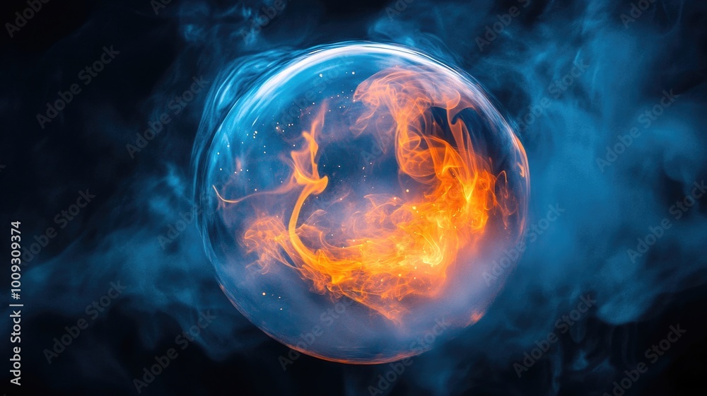Poster A glowing sphere with flames inside, suitable for use in scenarios such as futuristic or sci-fi scenes