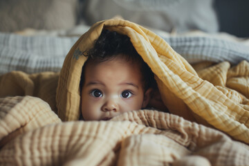 Beautiful Baby Looking Out From Under Soft Blanket Cozy Infant Portrait Newborn Photography