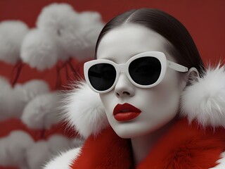 Highly stylized, close-up portrait of a person with a surreal, almost otherworldly appearance. Red background. The subject has a smooth, white skin, with striking red lips that are glossy