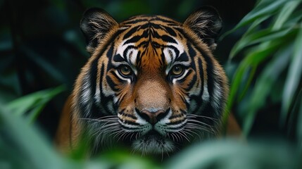 Majestic Tiger Peering Through Lush Foliage