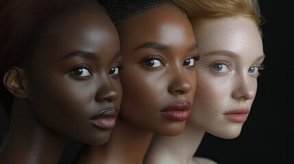Fototapeta premium Three women with different skin tones are posing for a photo. The photo is meant to celebrate diversity and showcase the beauty of different skin tones
