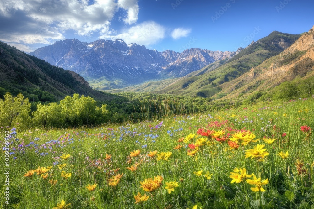 Sticker A field of colorful wildflowers against a stunning mountain backdrop, perfect for travel or nature-themed designs