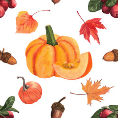 Seamless fall pattern with hand-drawing watercolor illustration. Fall leaves, pumpkins, acorns and cranberries. Pattern 