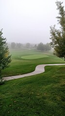 Obraz premium A tranquil park landscape showcases lush green grass and colorful autumn leaves under a soft fog. Trees line the path, creating a serene atmosphere in the urban setting