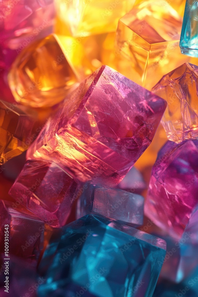 Poster a close-up view of a bunch of ice cubes, ideal for use in illustrations about cold temperatures, win