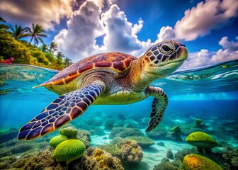 Fototapeta premium Graceful Sea Turtle Swimming in Crystal Clear Ocean Waters Surrounded by Vibrant Marine Life