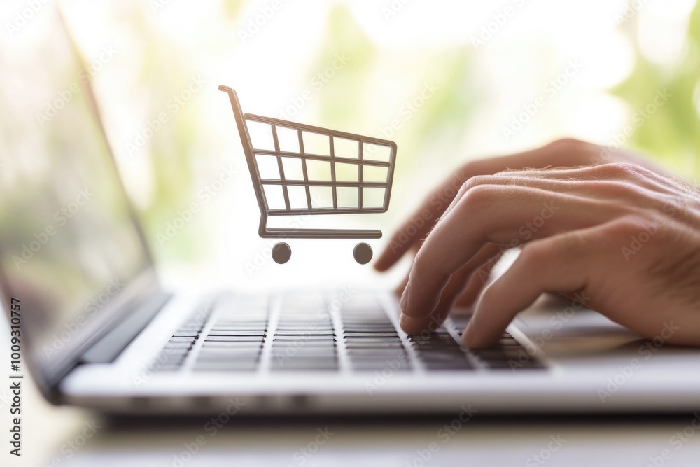Poster A person sits in front of their computer, typing away while a shopping cart emerges from the screen