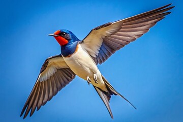 Fototapeta premium Graceful Swallow Bird in Flight Against a Clear Blue Sky Capturing the Essence of Freedom and Nature