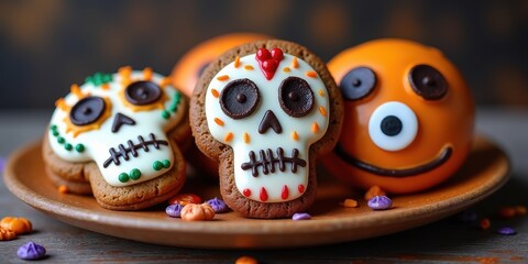 Fototapeta premium Festive Halloween cookies featuring colorful skull and pumpkin designs, perfect for seasonal treats, parties, and celebrations.