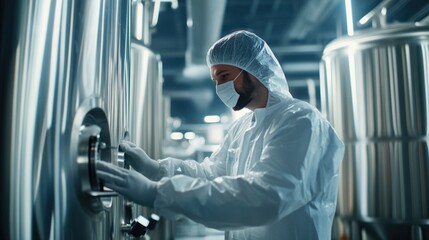 A scientist wearing personal protective equipment (PPE) including a white lab coat and face mask