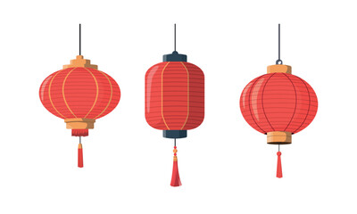 Collection of Chinese Lanterns. Red silk or paper lantern of traditional culture festival. Vector illustration. Design for banner and greeting card