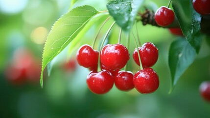 A close-up view of ripe red cherries hanging from a tree branch.