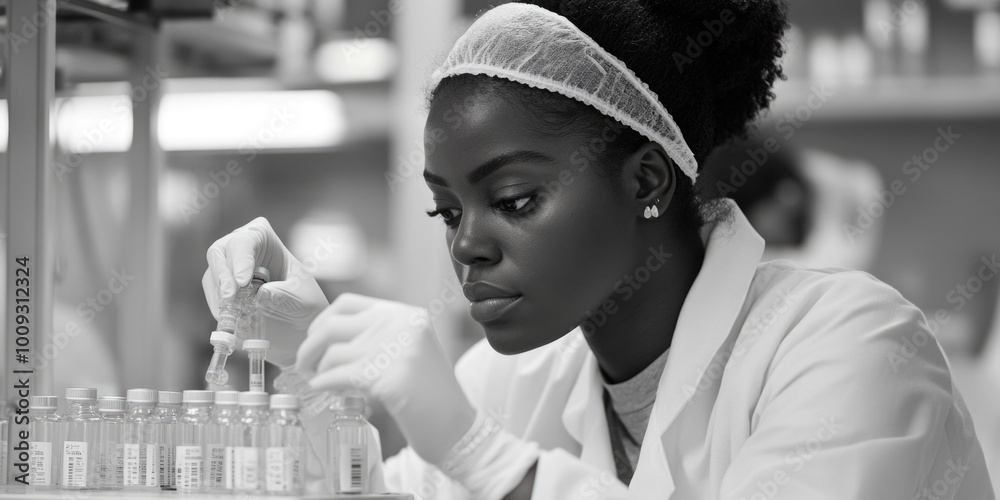 Poster a woman in a lab coat conducting an experiment or testing a sample