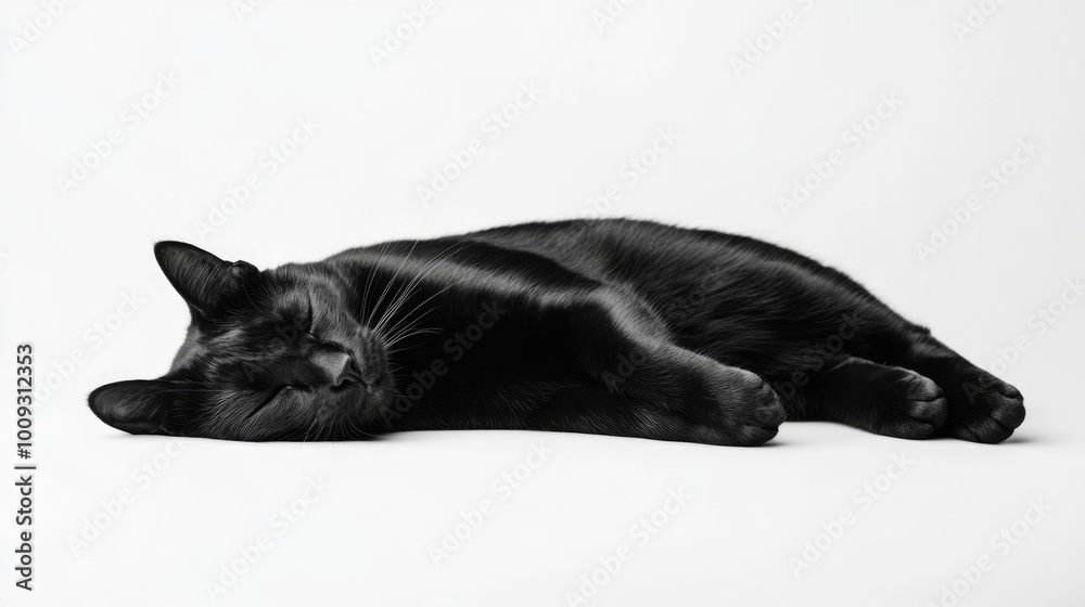 Aufkleber A black cat is lying down on a white surface, possibly in a studio setting or on a table
