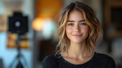 cheerful young woman vlogger engaging with her audience during a video conference exuding positivity and enthusiasm while looking directly at the camera set against a bright inviting background