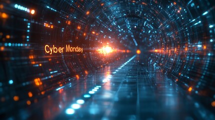 Cyber Monday promotion illuminated by vibrant digital tunnel during an exciting shopping event